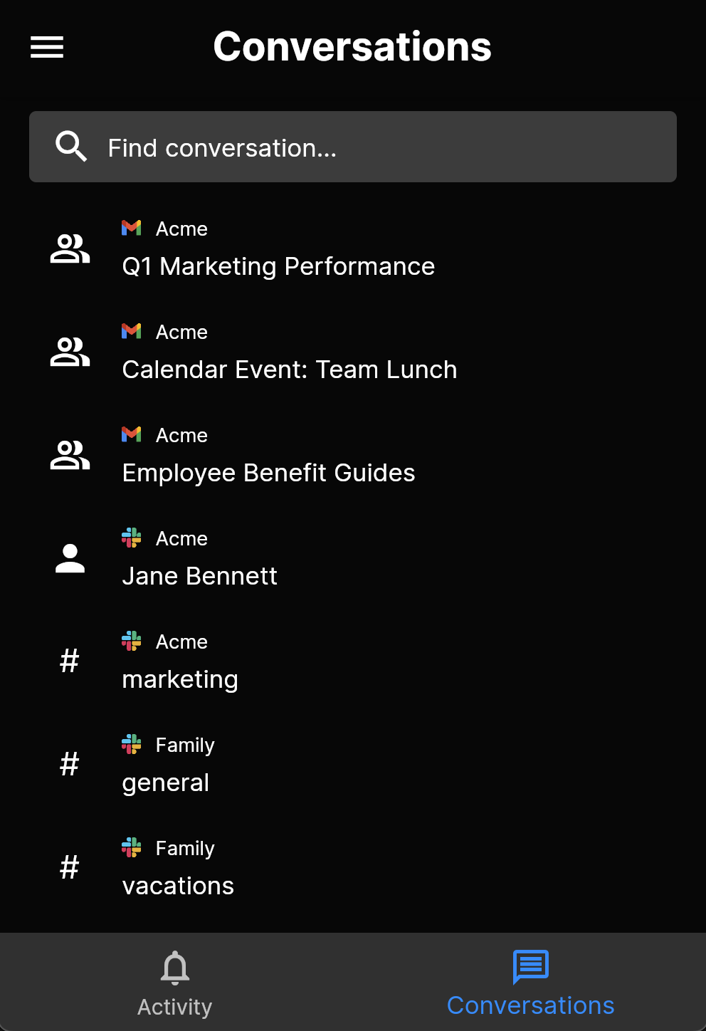 Conversation list screen including both Gmail and Slack conversations